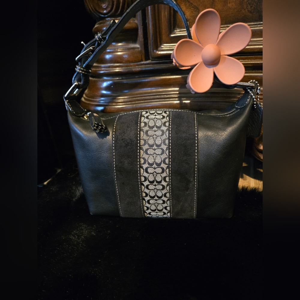 Coach Black Leather Signature Striped Suede Demi Bag